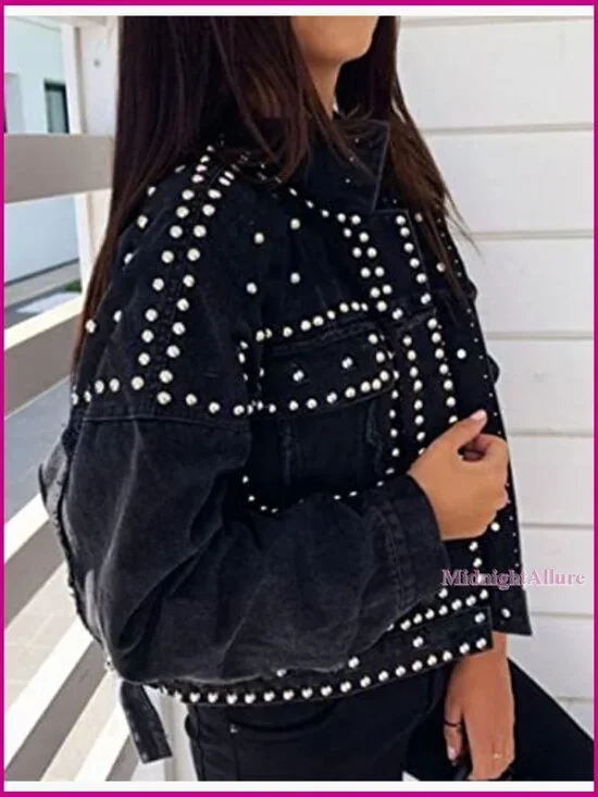 Distressed Denim Jacket with Fringe Studded Details Crop Fit - Picture 5 of 7